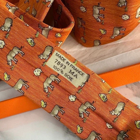 Hermes Orange Tie with Green and White Accents - Picture 9 of 10